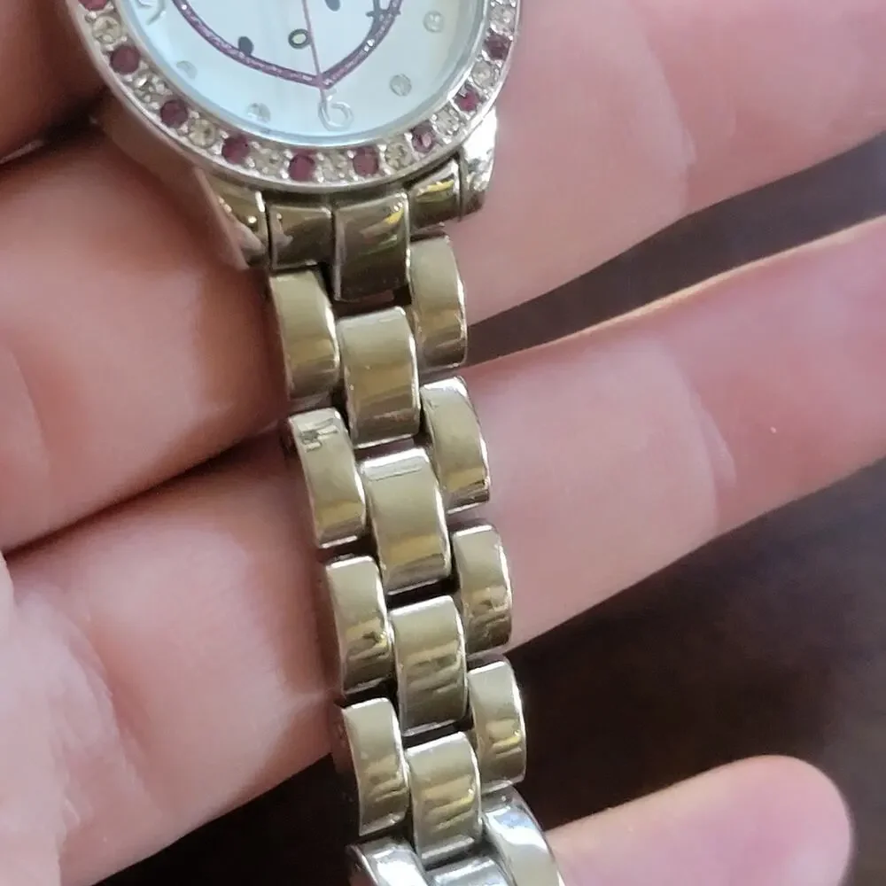 Hello Kitty Silver Watch Pink Heart Rhinestone Dial Women Bracelet Style Cute - Picture 9 of 10